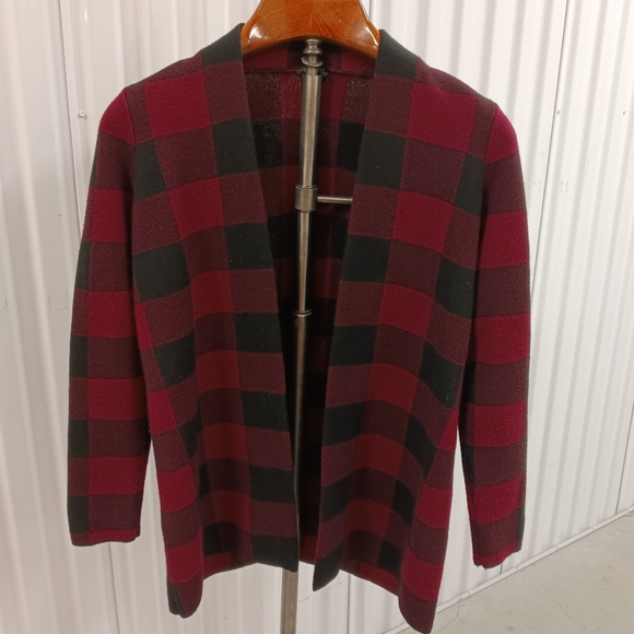 Talbots Merino Wool Buffalo Check Plaid Open-Front Sweater - Picture 2 of 9